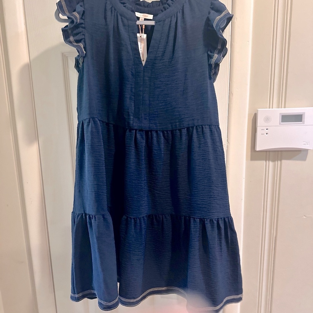Skies Are Blue Navy Dress with Ruffled Sleeves